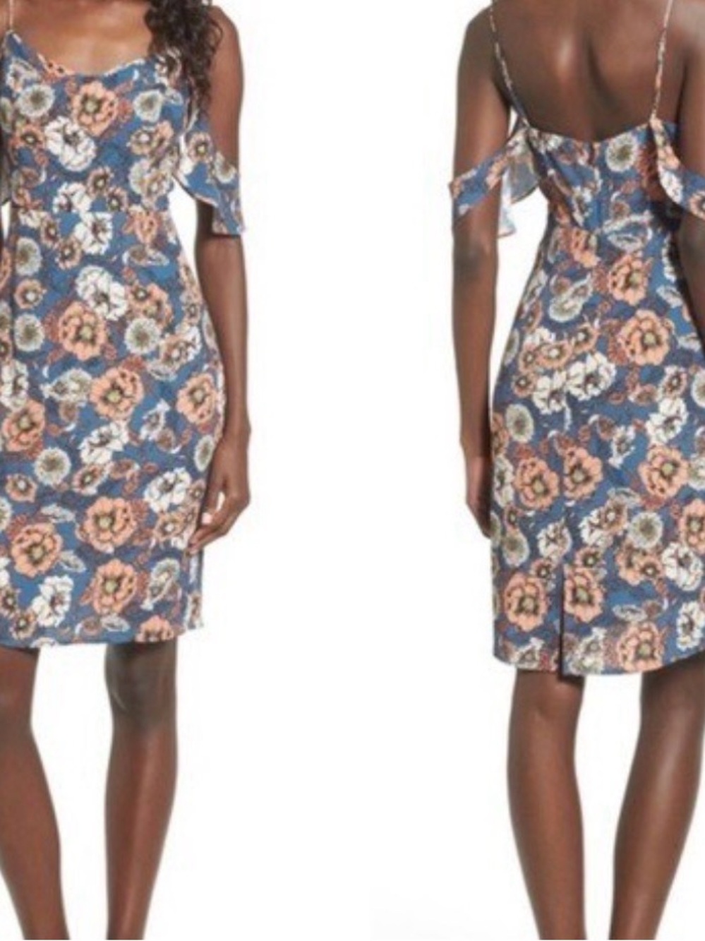 Astr Cold-Shoulder Floral Midi Dress in Blue and Peach